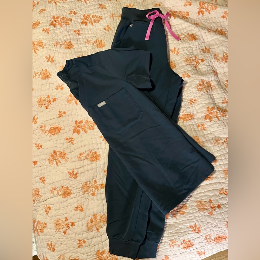FIGS Night Sky Dark Nave Scrub set with pink drawstring